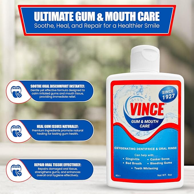 Vince Gum & Mouth Toothpaste Powder - Dentifrice & Mouthwash - Cavity Prevention - Gingivitis - Irritated, Bleeding & Receding Gums - Canker Sore - Bad Breath - Inflammation - Tonsil Stones - 4 Ounce