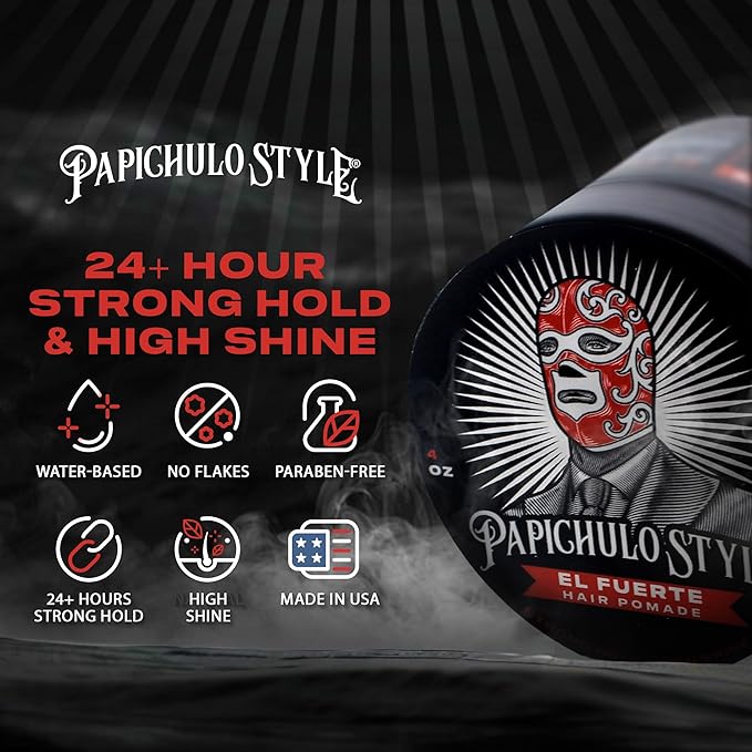 Papichulo Style Deluxe Pomade “El Fuerte” – Strong Hold, High Shine, Adds Volume – Water-Based, Flake-Free, Easy Washout, Paraben-Free – Made in USA - 4 oz