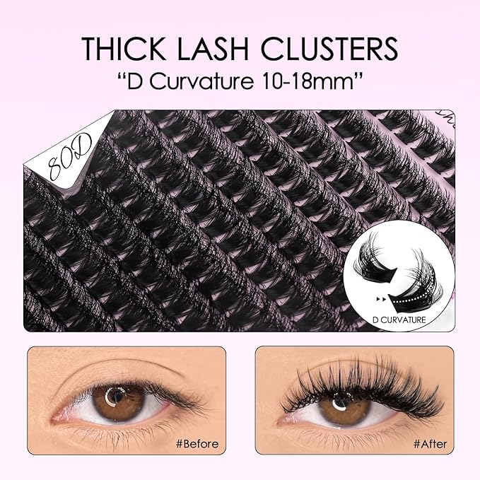 Lash Clusters Kit 80D Lash Clusters Kit 10-18mm Volume Eyelash Clusters D Curly Cluster Eyelash Extensions 3D Wispy Lashes Cluster DIY Lash Extension Kit(80D-10-18MIX Thick Kit)