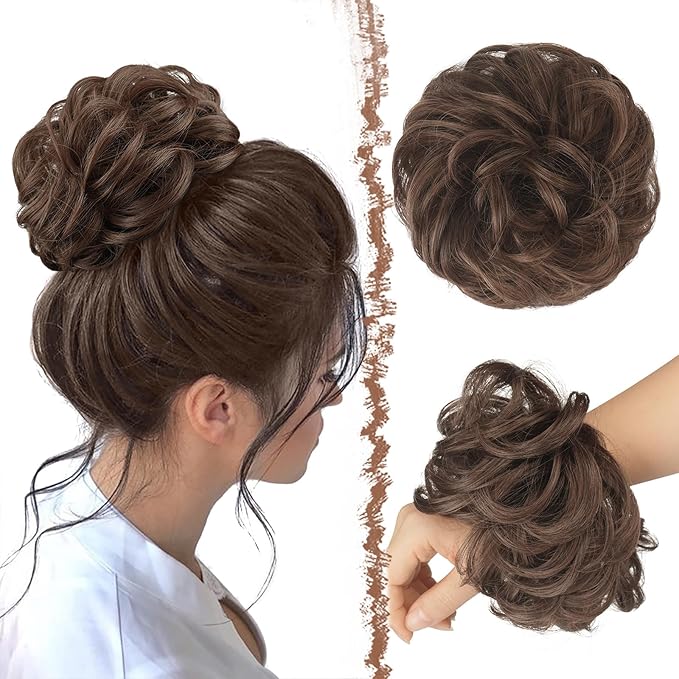 FESHFEN Large Messy Bun Hair Piece - Wavy Synthetic Chignon Scrunchies Elastic Ponytail Hair Extensions Thick Hairpieces for Women, Brunette Brown 1.94oz