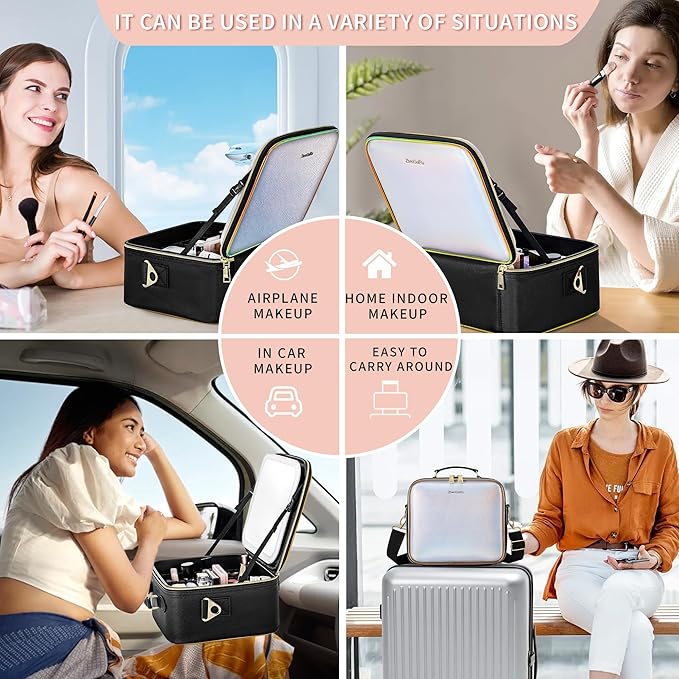 ZhenGuiRu Travel Makeup Bag with Light Up Mirror, Cosmetic Artist Organizer Case with LED Mirror, Travel Makeup Case for Cosmetic Brush Holder Storage, Toiletry Case for Women Gift