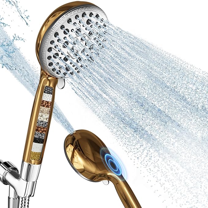 Shower Head with Handheld, Shower Heads High Pressure, Shower Head with Filter-Hand Held Showerhead Set,7 Modes Filtered Showerhead with 59″Replacement Hose/Bracket/Filters (gold)
