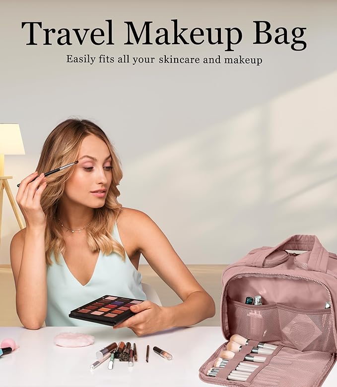 BUZFOWU Travel Toiletry Bag for Women, Large Wide-open Puffy Cosmetic Makeup Bag with Wet-Dry Separation, Multi-Pocket Organizer with Carry Handle for Toiletries, Cosmetics, Essentials, Dark Pink