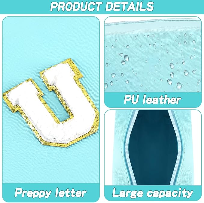 URSKYTOUS Gifts for Girls Initial Makeup Bag Personalized Cosmetic Bag with Zipper Cute Travel Toiletry Bag Waterproof PU Preppy Makeup Pouch Birthday Gift for Teen Girls Women(Blue U)