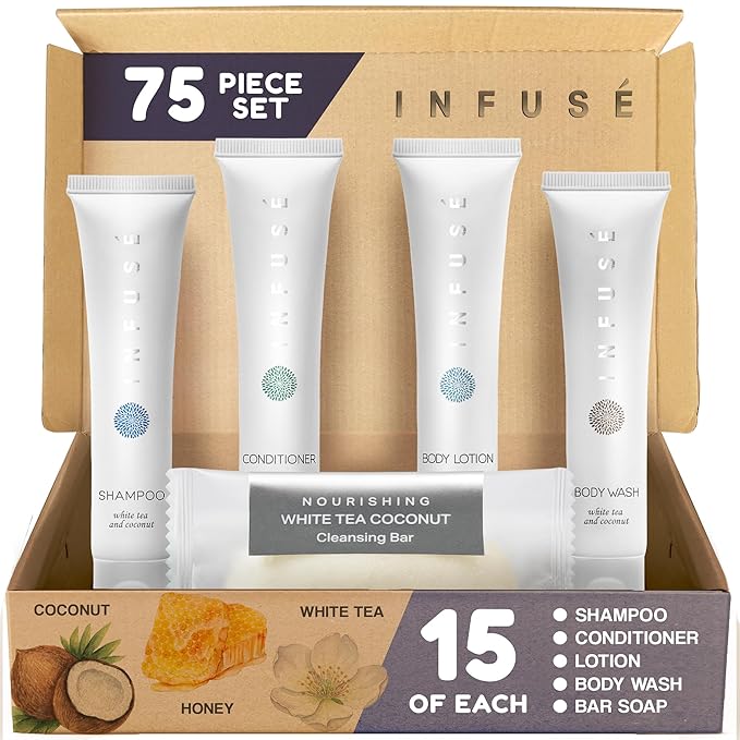 Infuse Pure White Tea and Coconut All-In-Kit Hotel Soaps and Toiletries Bulk Set | 1oz Shampoo & Conditioner, Body Wash, Lotion & 1.25oz Bar Soap | Travel Size 75 Pieces.