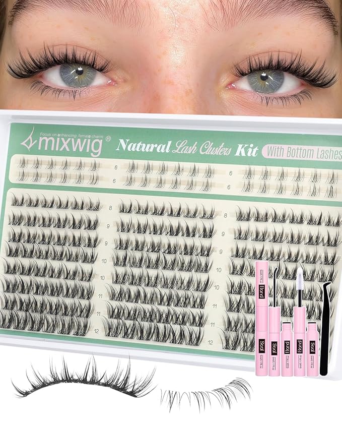 Short Lash Clusters Kit Natural Lash Extension Kit Wispy Eyelash Clusters with Bottom Lashes 6-12MM Manga Cluster Eyelash Extensions C Curly DIY Cluster Lashes Bond and Seal Tweezers by Lvmixwig