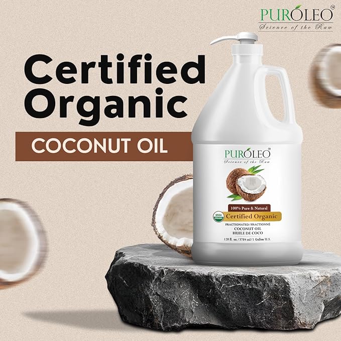 PUROLEO Organic Certified USDA Fractionated Coconut Oil 128 Fl Oz/3785 ML (Packed in Canada) – 100% Natural & Odorless Moisturizer & Carrier Oil for Hair, Skin, Body, Massage, Makeup Removal