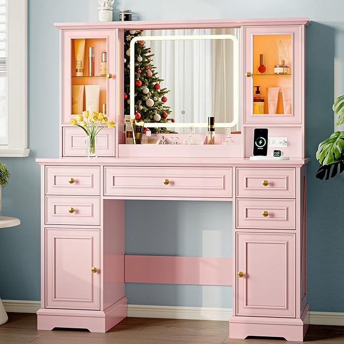 Vanity Desk with HD Lighted Mirror & Power Outlet, Farmhouse Makeup Vanity Table Set with Storage Drawers & RGB Cabinets, Large Dressing Table with 3 Lighting Modes for Women Girls Kids Bedroom, Pink