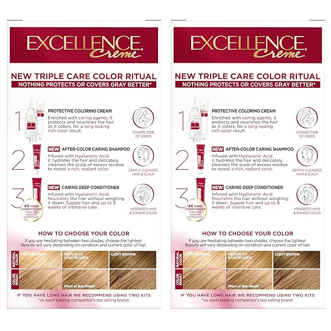 L'Oreal Paris Excellence Crème Permanent Hair Dye, Triple Care Hair Color with Hyaluronic Acid for 100% Gray Coverage, 8 Medium Blonde, 1 Kit (Pack of 2) (Packaging May Vary)