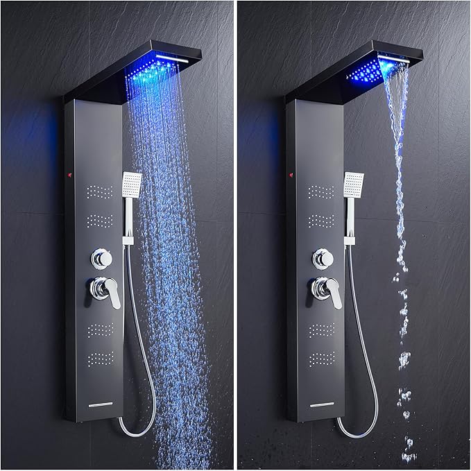 TSIBOMU Stainless Steel Shower Panel Tower System with LED Lights, 5 in 1 Shower Panel with Rainfall Waterfall Shower Head, Body Spray, Handheld Shower, Tub Spout (Black)