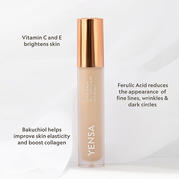 YENSA Super Serum Silk Concealer - Full Coverage Undereye Concealer & Peptides Serum for Face - Enriched with Vitamins C & E, Bakuchiol & Superfoods to Boost Radiance - Tan 2 (0.2 Fl oz)