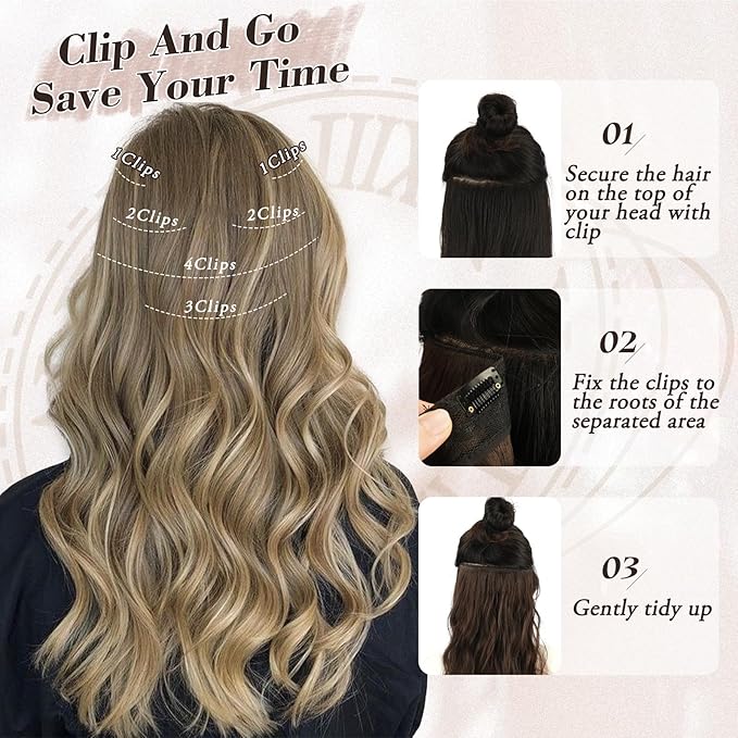 BARSDAR Highlight Clip in Hair Extensions - 20 Inch Wavy Clip in Hair Extensions for Women - 6PCs Soft Thick Synthetic Hair Extensions Clip ins Hairpieces Daily - Medium Brown & Blonde