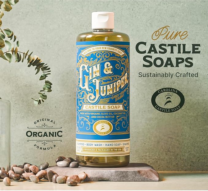 Carolina Castile Soap Gin & Juniper Scented – Certified Organic Base, High Olive Oil Content, Non-Drying, Made with Organic Oils, Concentrated Body Wash for Men (Gin & Juniper, 32 Fl Oz)