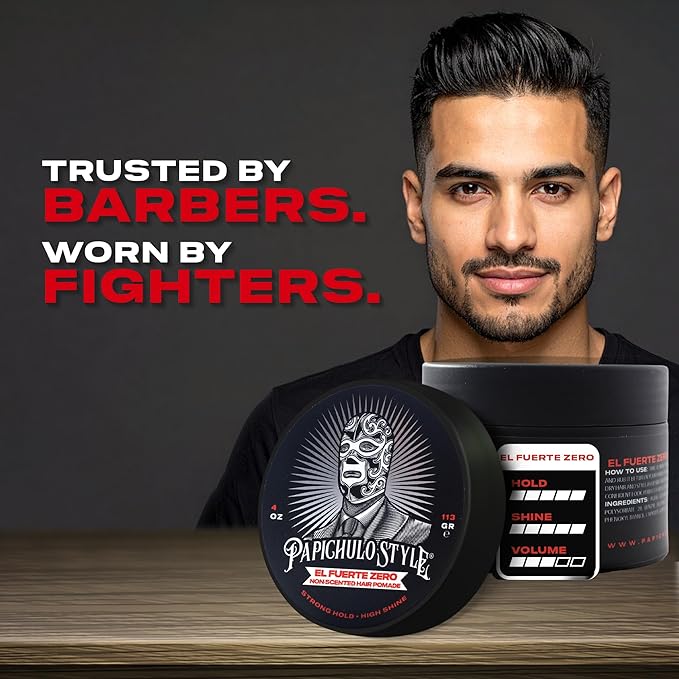 Papichulo Style Deluxe Pomade “El Fuerte Zero” – Strong Hold, High Shine, Adds Volume – Unscented, Water-Based, Flake-Free, Easy Washout, Paraben-Free – Made in USA - 4 oz