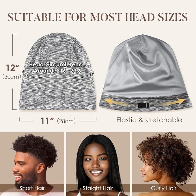 LULUSILK 100% Mulberry Silk Lined Sleep Cap, Adjustable Silk Hair Wrap for Sleeping, Assorted Color Light Grey