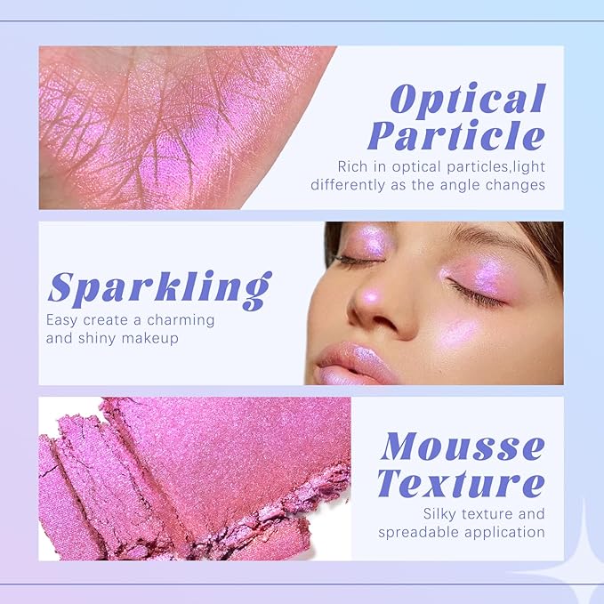 Holographic Chameleon Pink Purple Eyeshadow&Highlighter Palette Makeup, Color Shift Glitter Iridescent Cream Highlighter, Smooth Long Lasting Sparkling Facial Illuminator Palette Fairy Makeup
