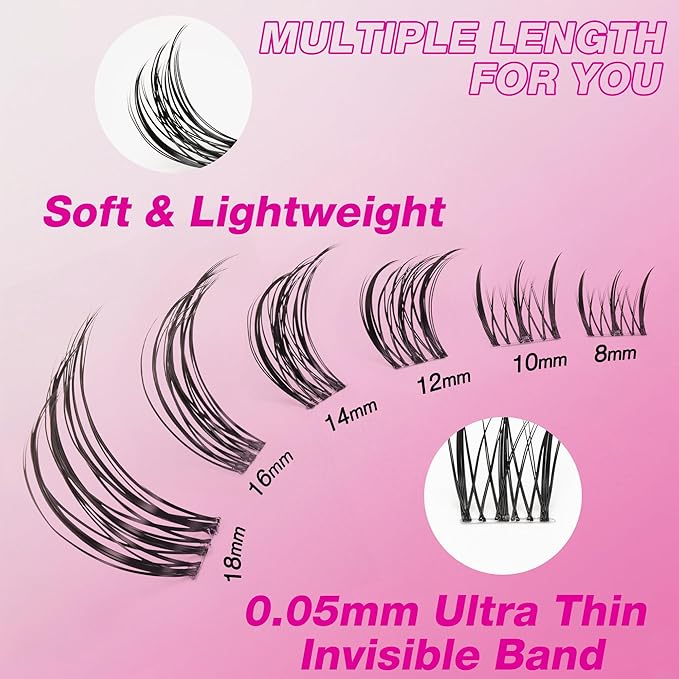 VEYESBEAUTY Lash Clusters Individual Eyelash Extensions Thin & Invisible Band DIY False Eyelashes for Self-application Eye-Catching Series Wispy Lash Tray, Flutter 8-18mm Mixed Length