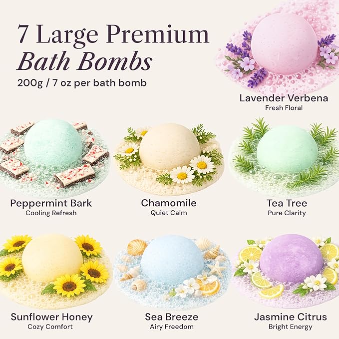 Bath Bombs Set 7 pcs - Gift Set for Women, 200g Extra Large Oversized, Mineral Bath Bombs for Sensitive Skin, Gift Set or Birthday or Mothers Day, Gift Box Valentine's Idea for Her