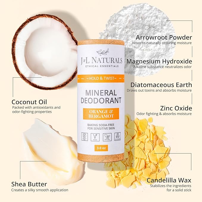 J&L Naturals Mineral Deodorant | Baking Soda-Free, 100% Natural, Sustainable Skin Care | Sensitive Deodorant For Women & Men | Aluminum Free, Vegan, Cruelty-Free (Orange & Bergamot, 3 Oz (Pack of 1))
