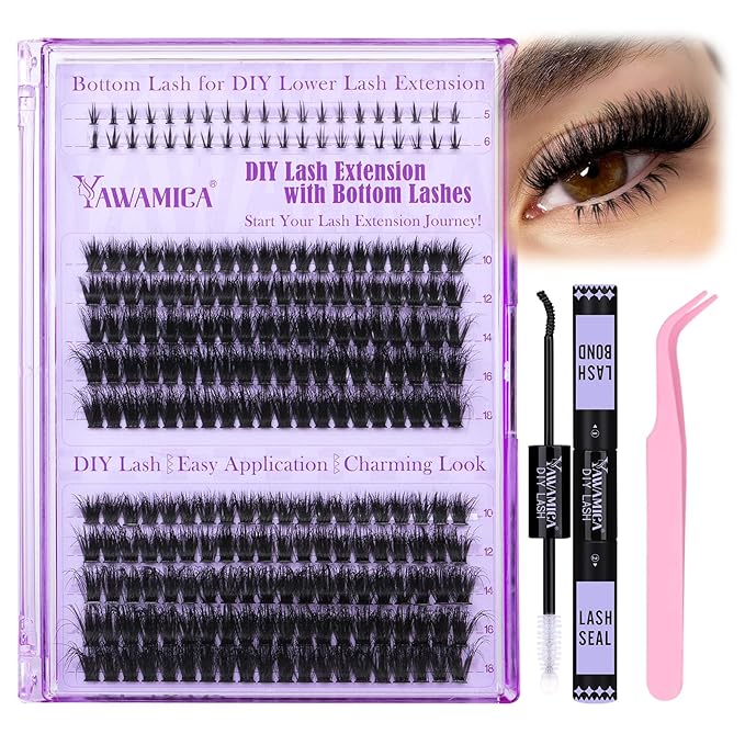 Yawamica Lash Clusters Kit DIY Lash Extension Kit with Bottom Lashes Fluffier Wispy Cluster Eyelash Extension 10-18MM 60D+80D Individual Lashes Kit with Lash Bond and Seal and Applicator for Beginners