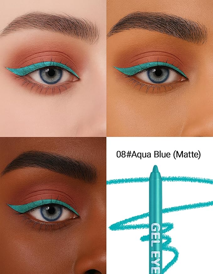 Erinde Waterproof Lake Blue Eyeliner Pencil, Creamy Gel Waterline Eye Liner Pen, Smooth Glide, Long Lasting, Waterproof, Sharpenable & Smudge Proof Eyeliner Pencil for Sensitive Eye, Cruelty-Free, 08