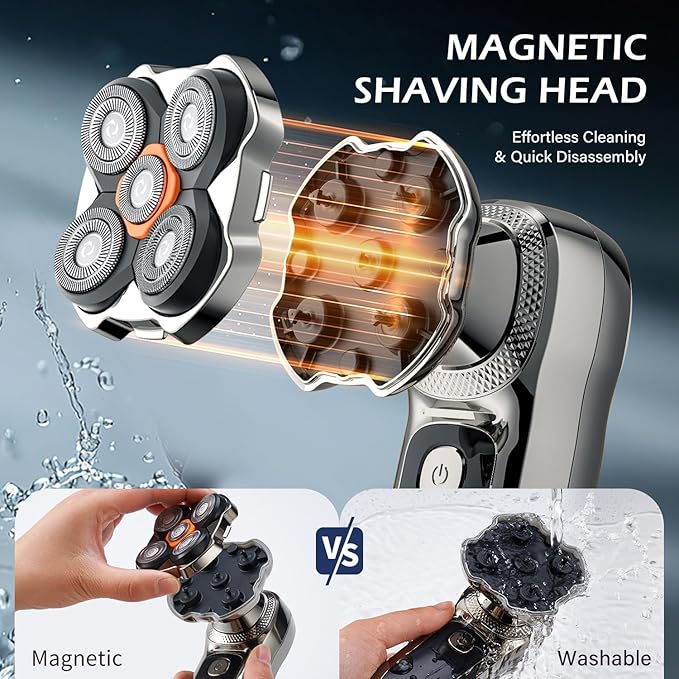 Electric Razor for Head,VoltPanther Head Shavers for Bald Men,Magnetic Detachable Bald Head Shaver,IPX6 Waterproof Wet Dry Razors for Men,LED Display Rechargeable 5D Rotary Shaver with Type C Charge