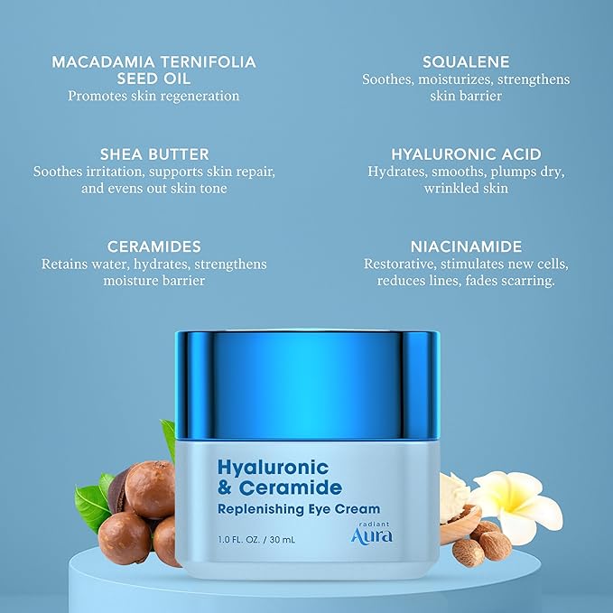Radiant Aura Hyaluronic Acid & Ceramide Eye Cream For Dark Circles - Dermatologist Tested, Anti Aging Korean Skin Care - Deep Hydration & Depuffing Eye Treatment - Vegan, Clean Beauty - 1.0 Fl Oz