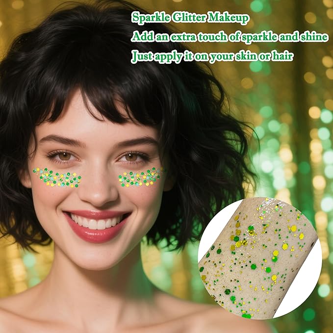 MEICOLY Gold and Green Face Glitter,Holographic Gold Hair Accessories,Sparkle Self-Adhesive Halloween Body Glitter Makeup for Mardi Gras Carnival Festival Party,St Patricks Day Accessories