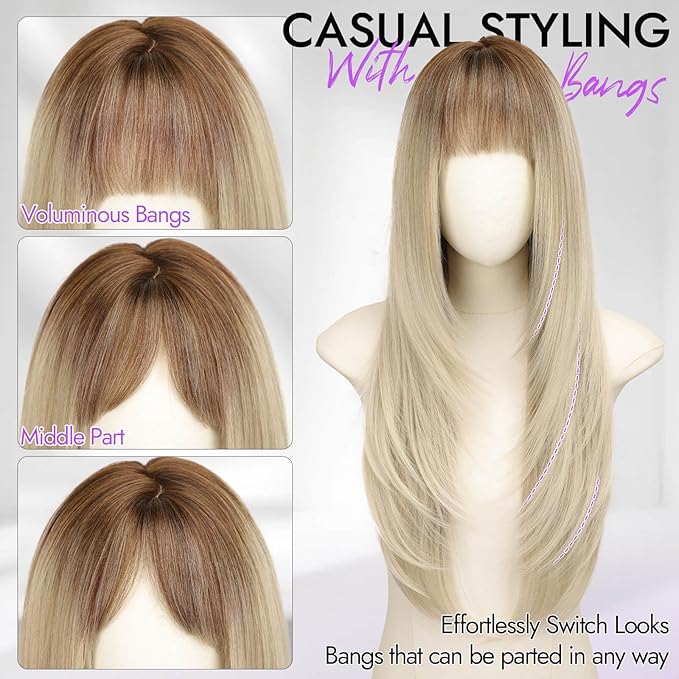 Long Dark Brown Rooted Platinum Wig with Bangs for Women,4x4 Realistic Scalp,Free Parting,Layered Hairstyle Synthetic Heat Resistant for Daily Party Use 26 inch