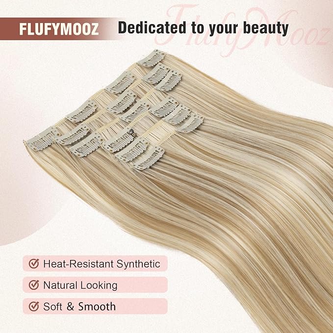 FLUFYMOOZ 6PC Clip in Hair Extensions 24" Straight Long Extensions for Women Synthetic Hairpiece (Dark Blonde with Highlights)