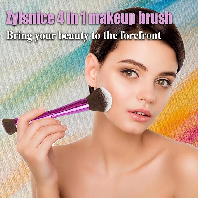 Zylsnice 4 in 1 Makeup Brush Set, Travel Makeup Brushes with Case, Mini Makeup Brushes, Powder, Foundation, Concealer, Eyeshadow, Dual Ended, Synthetic Bristles, Purple
