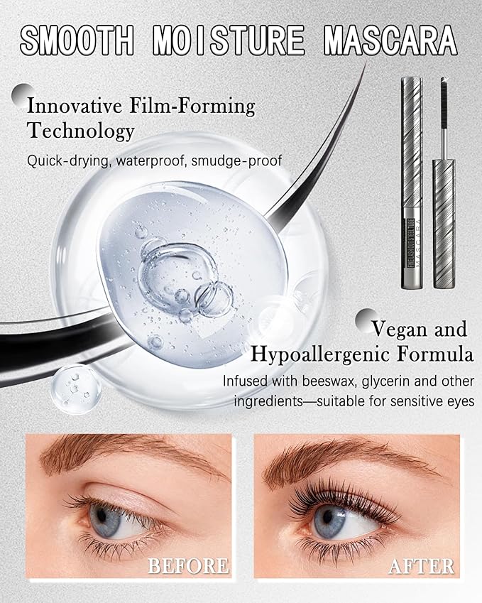 2 PCS Iron Wand Mascara, 3D Curling Eye Lashes, Black Brown Waterproof Mascara Volume and Length, Long Lasting Smudge-Proof, Metal Wand, Volumizing, Lengthening, No Flaking Tint, Women's Day Makeup