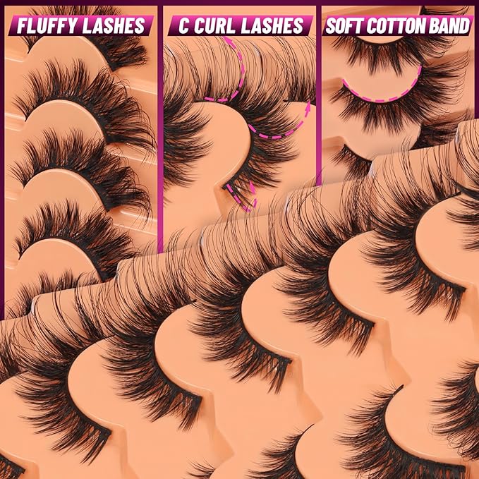 Veleasha Cat Eye Lashes Fluffy Eyelashes Wispy Crisscross Doll False Eyelashes 3D Effect Black Cotton Band Lashes 8-22MM 7 Pairs Pack (832)