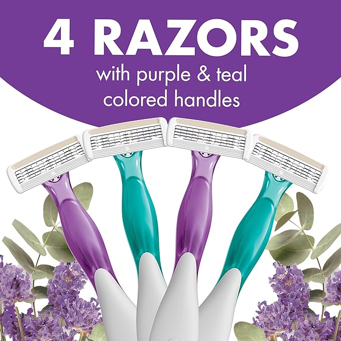 BIC Soleil 4 Escape Scented Women's Disposable Razors With 4 Blades, Comfortable Shave, Lavender & Eucalyptus Scented Handle Shaving Razors for Women, 4 Count