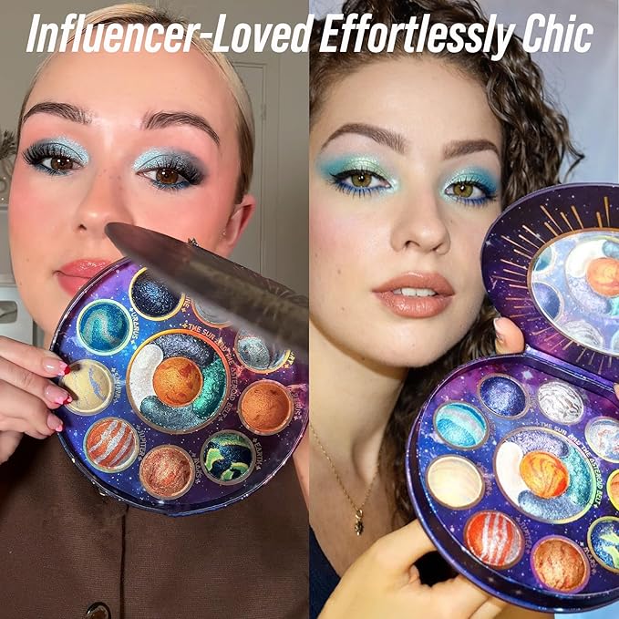 Galactic Assemble Eyeshadow Palette – Solar System Inspired 3D Planet Design, 14 Handcrafted Shimmer & Metallic Shades with Creamy Wet Texture, High-Pigmented Makeup Palette Gifts for Women & Girls