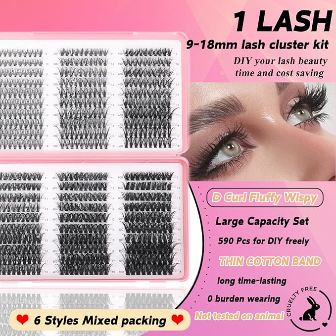 Lash Clusters Kit, 560 Pcs Eyelashes Clusters Kit 9-18mm Individual Lash Extension Kit D Curl Flufffy Wispy False Eyelashes (20D+30D+40D+50D+60D+80D, Lash Clusters)