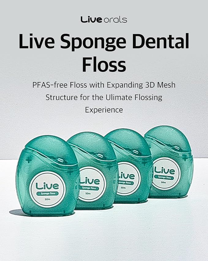 Live Sponge Dental Floss – 164ft (50m) Pack of 6, PFAS-Free, Non-Toxic Wax, Expanding 3D Mesh for Gentle & Effective Cleaning Between Teeth