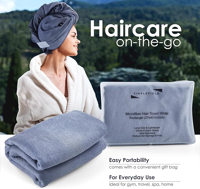 Large Microfiber Hair Towel Wrap for Women (27x40 Inches). Anti Frizz Rectangle Fast Drying Towel with Elastic Band for Long, Curly, and Thick Hair. Includes Reusable Carry Bag (Grey)