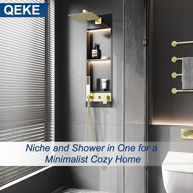 Qeke Integrated Shower Niche with Shower Head and Hand Shower, Stainless Steel Shower Tower System with Led Lights, 2-Tiers No Tile Needed Shower Niche for Bathroom in Gunmetal Black (Black Shower)