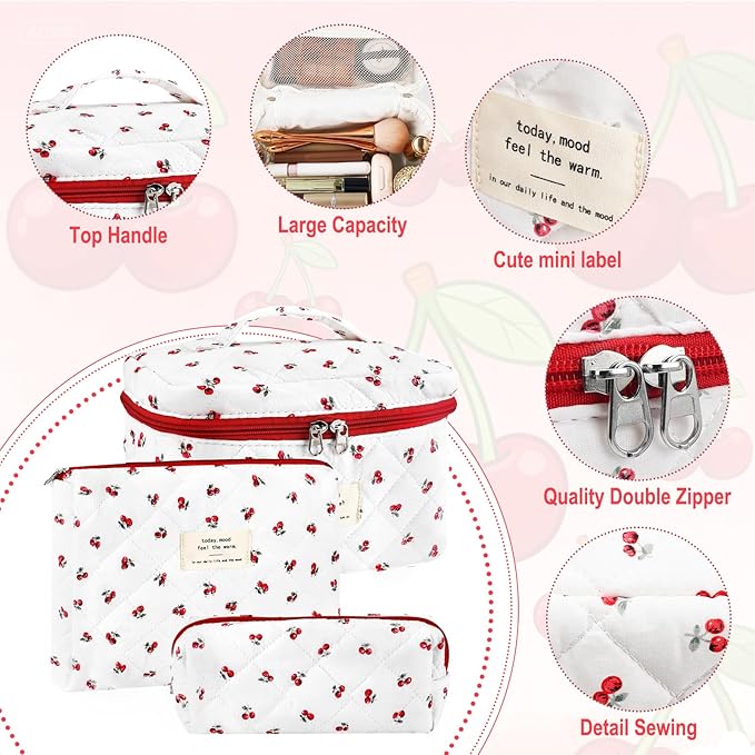 URSKYTOUS 3Pc Cotton Quilted Makeup Bag for Women Extra Large Coquette Small Floral Travel Cosmetic Bag Set Cute Cherry Makeup Pouch Portable Toiletry Bag Organizer Vintage Puffy Essential Storage Bag