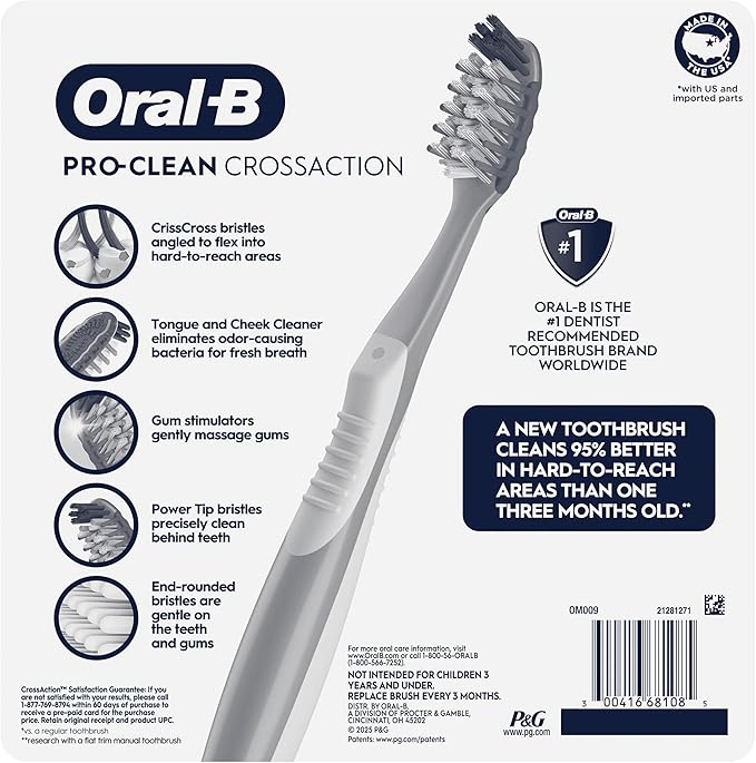 Oral-B Pro Clean Cross Action Toothbrushes, Deep Plaque Removal, 6 Count