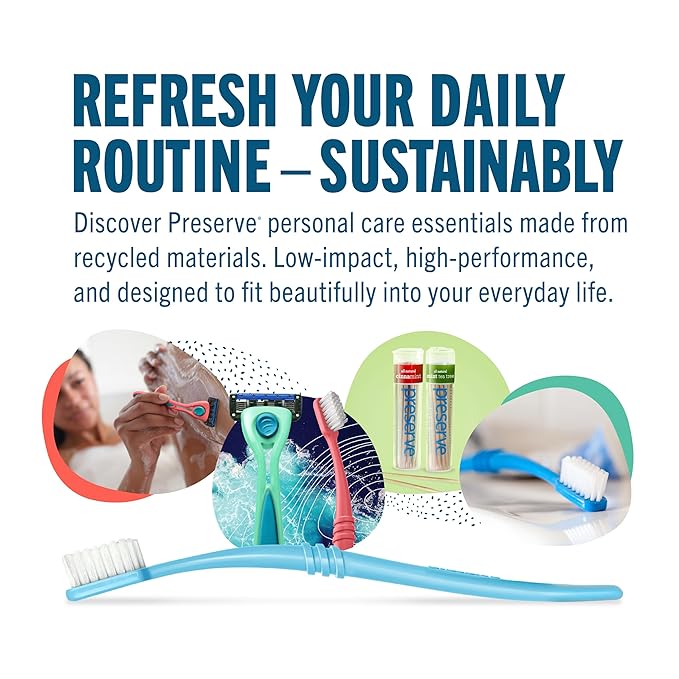 Preserve Eco Friendly Adult Toothbrushes, Made in The USA from Recycled Plastic, Ultra Soft Bristles, Paperboard Package, Colors Vary, 6 Count (Soft)