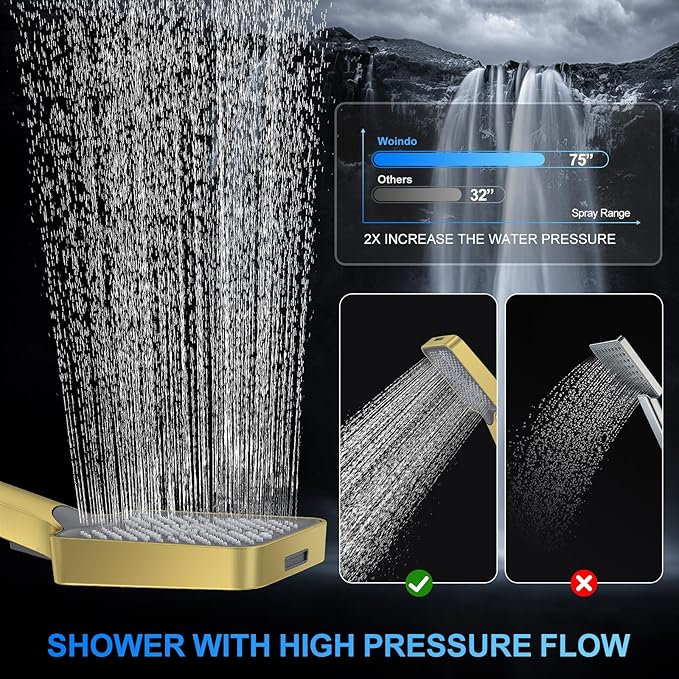 Shower Faucet Set, 12" Wall Mount Rainfall Shower System with 2 Rain Shower Head and Multi-function Handheld Head Push Button Diverter Shower Faucet Trim Kit, Brushed Gold