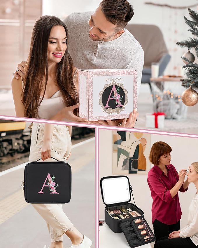 Relavel Initial Makeup Bag with LED Mirror for Women Girls, Personalized Travel Cosmetic Organizer Train Case, Birthday Gifts for Grandkids Bridesmaid Graduation Teacher Friends, Trendy Stuff, Black S