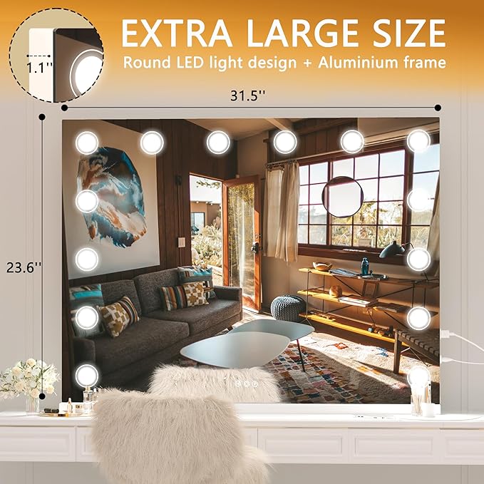 Hasipu Vanity Mirror with Lights, 32" x 24" Makeup Mirror, Light up Mirror with 14 Dimmable LED Lights and 10X Magnification, 3 Colors Modes, Touch Control, USB Charging Port, White