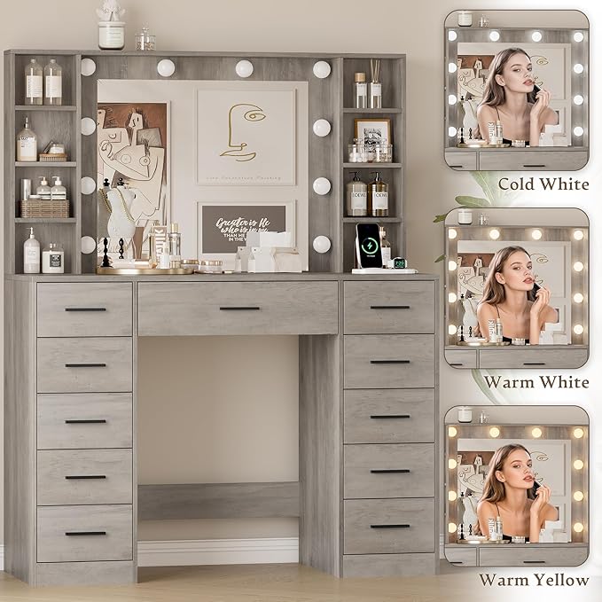 Makeup Vanity with Drawers, 43" Grey Vanity Desk with Mirror and Lights, 11 Drawers & 4 Shelves, Power Outlet & Adjustable LED Lights, Dressing Table for Women & Girls Bedroom