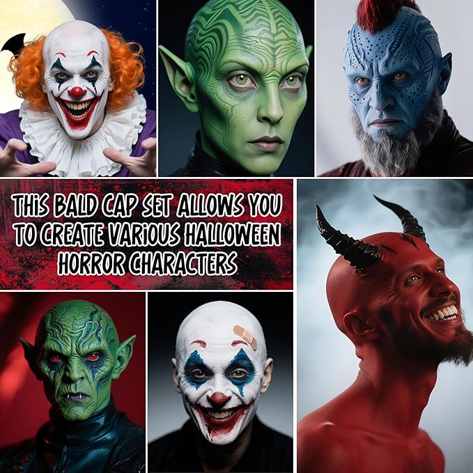 Halloween Bald SFX Makeup Set - Elastic Latex Bald Caps for Women & Men, Halloween Cosplay SFX Makeup Kit with Complete Bald Cap for Adults, Costume Party &Stage Shows, Theater, Cosplay