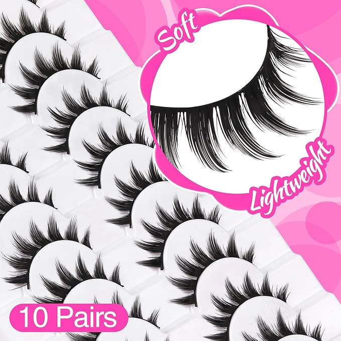 Veleasha Eyelashes Manga Lashes Spiky False Lashes 11mm Short Flase Lashes C Curl Fake Lashes Anime Fake Eyelashes Soft Lightweight False Eyelashes Cosplay Lash Strips 10 Pairs Pack (Dewy)