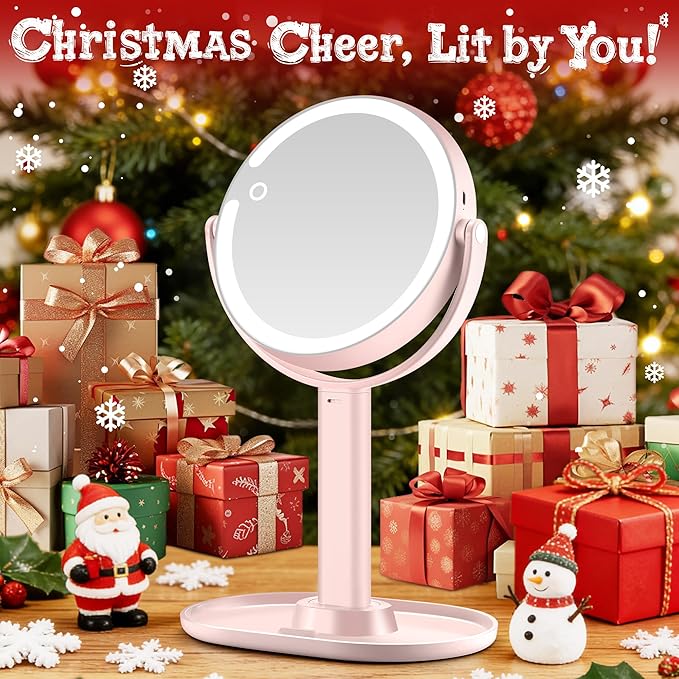 Makeup Mirror with Lights, Double Sided 1x/20x Magnifying Mirror with Light, Rechargeable 3 Color Lights and Adjustable Brightness, 360° Rotation Detachable Comes with Tweezer(Pink)