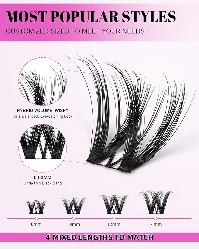 Flora Lash Clusters Kit 8-14mm D Curl Wispy Eyelash Clusters Spiky WideSpan DIY Eyelash Extension Kit Spiky Cat Eye Lashes Individual Fake Eyelashes Clusters Kit Ultra-Thin Black Band
